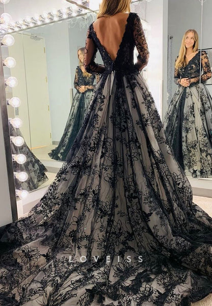 V-Neck Long Sleeves Appliques Black A-Line Wedding Dress