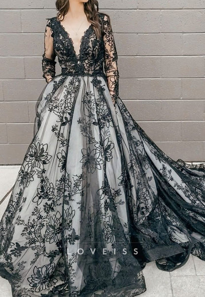 V-Neck Long Sleeves Appliques Black A-Line Wedding Dress
