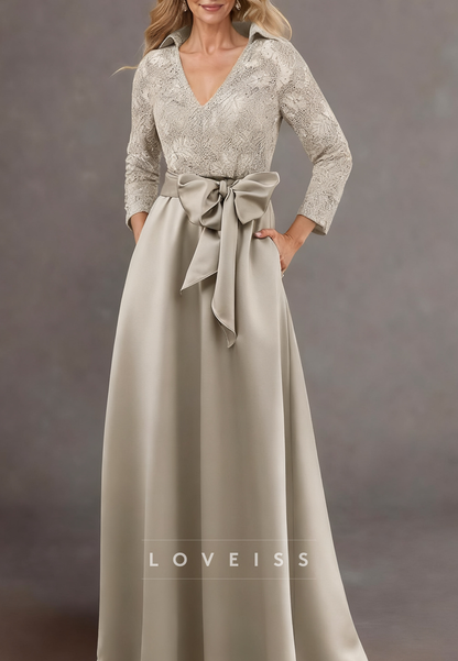 V-Neck Long Sleeves Appliques Bow A-Line Mother of Bride Dress