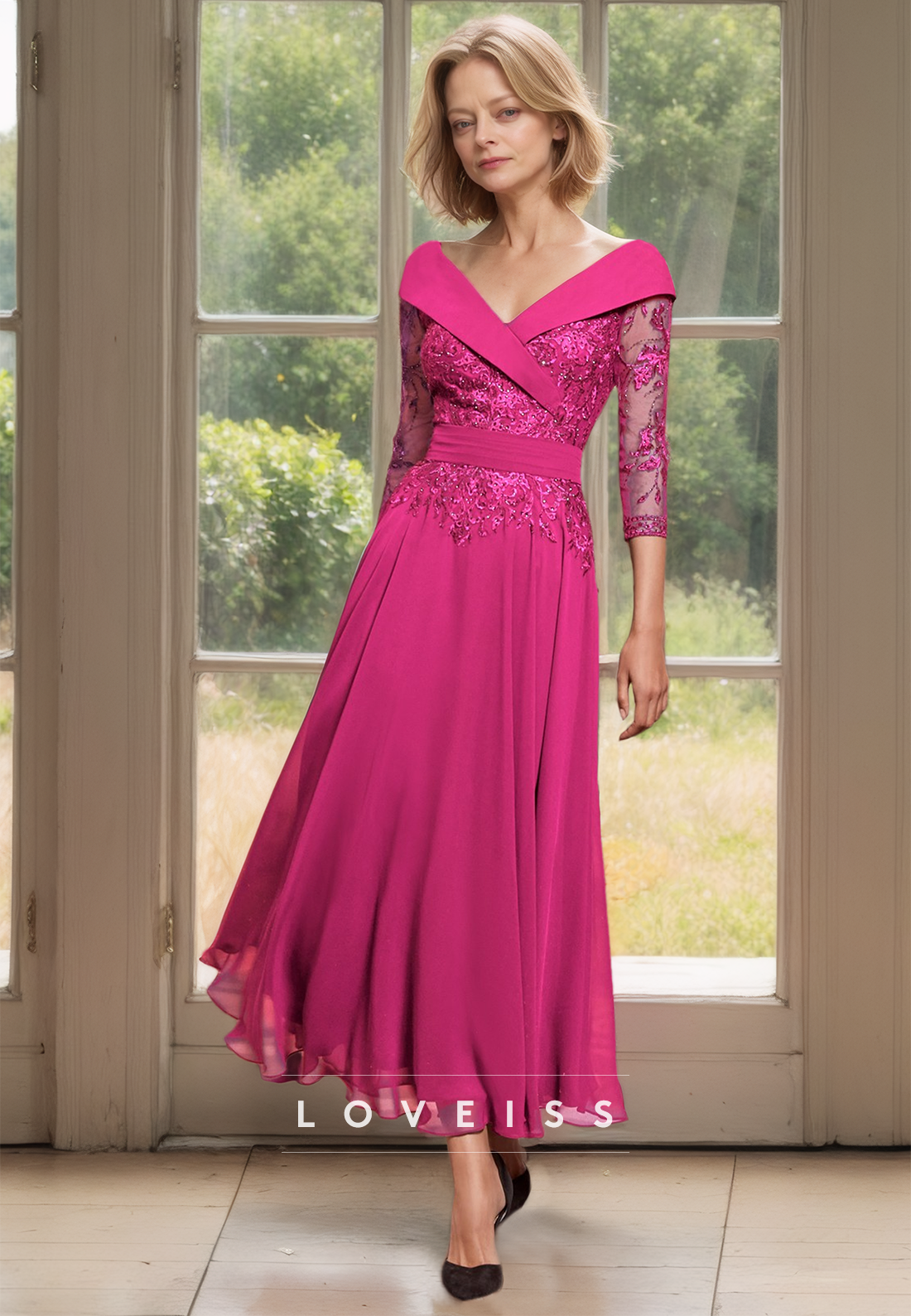 V-Neck Long Sleeves Appliques Chiffon A-Line Mother of Bride Dress