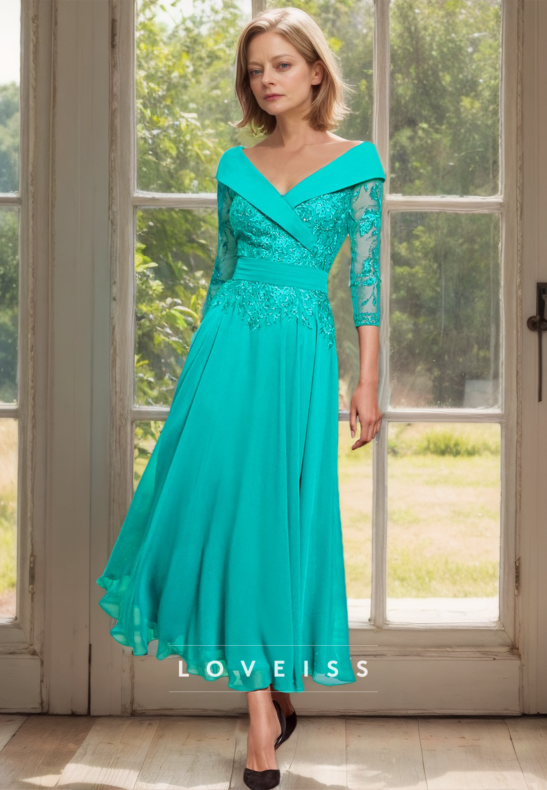 V-Neck Long Sleeves Appliques Chiffon A-Line Mother of Bride Dress