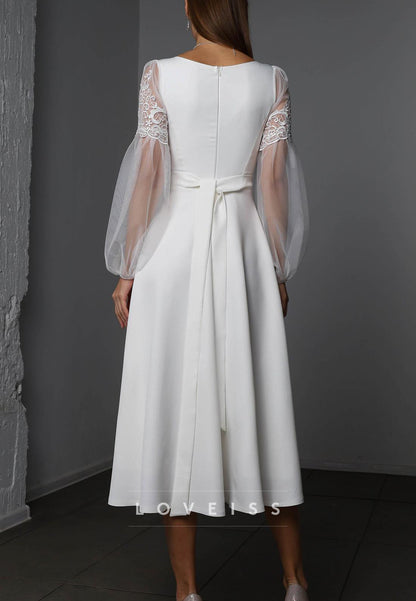 V-Neck Long Sleeves Appliques Midi A-Line Wedding Dress