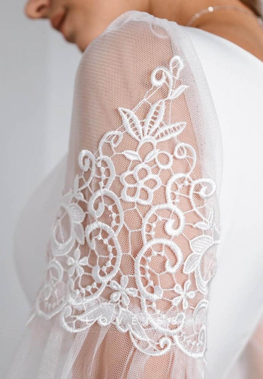 V-Neck Long Sleeves Appliques Midi A-Line Wedding Dress