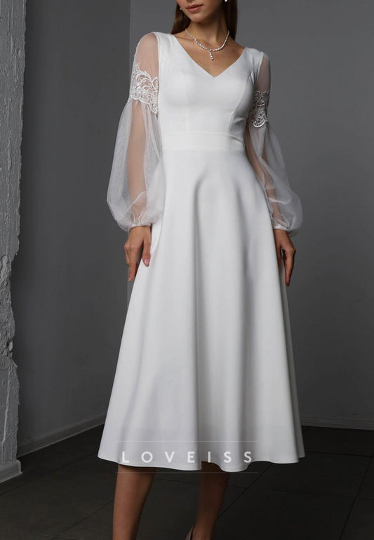 V-Neck Long Sleeves Appliques Midi A-Line Wedding Dress