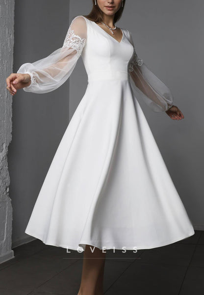 V-Neck Long Sleeves Appliques Midi A-Line Wedding Dress