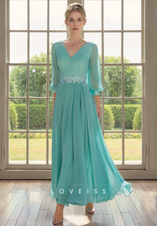 V-Neck Long Sleeves Appliques Pleated A-Line Chiffon Mother of Bride Dress Cocktail Dress