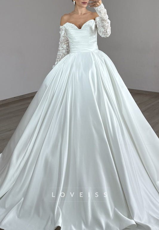 V-Neck Long Sleeves Appliques Pleated A-Line Wedding Dress