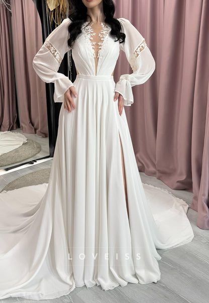 V-Neck Long Sleeves Appliques Pleated A-Line Wedding Dress