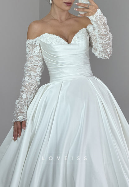 V-Neck Long Sleeves Appliques Pleated A-Line Wedding Dress