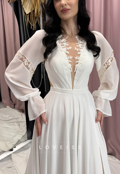 V-Neck Long Sleeves Appliques Pleated A-Line Wedding Dress