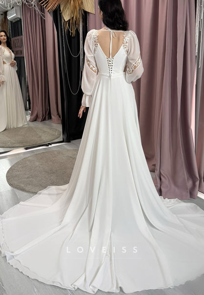 V-Neck Long Sleeves Appliques Pleated A-Line Wedding Dress