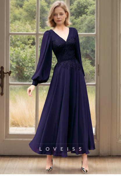 V-Neck Long Sleeves Appliques Pleated Chiffon A-Line Mother of Bride Dress