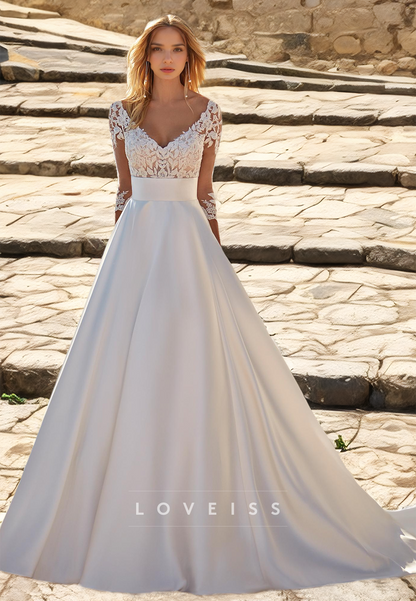 V-Neck Long Sleeves Appliques Pleated Satin A-Line Wedding Dress