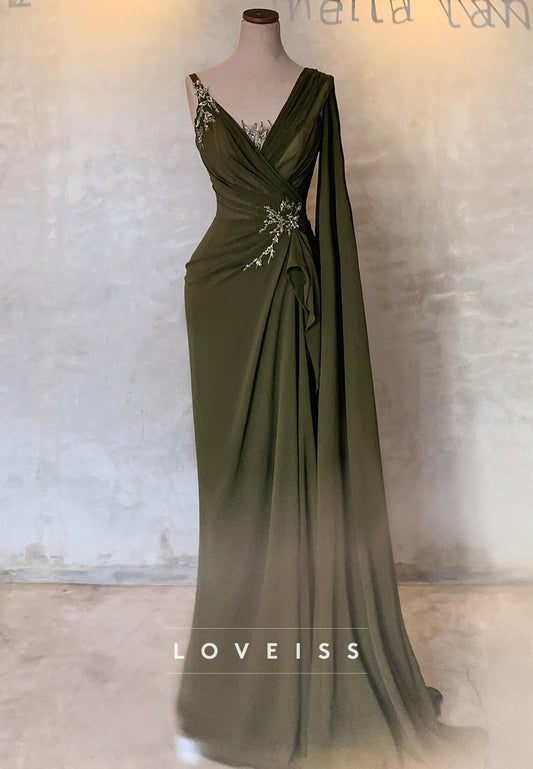 V-Neck Long Sleeves Appliques Ruched Sheath Formal Dress