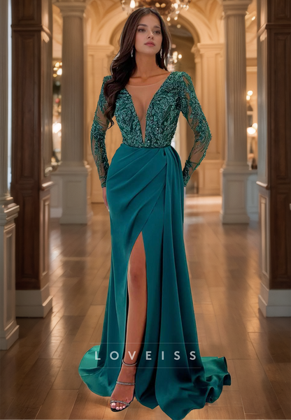 V-Neck Long Sleeves Appliques Ruched Side Slit Sheath Formal Dress