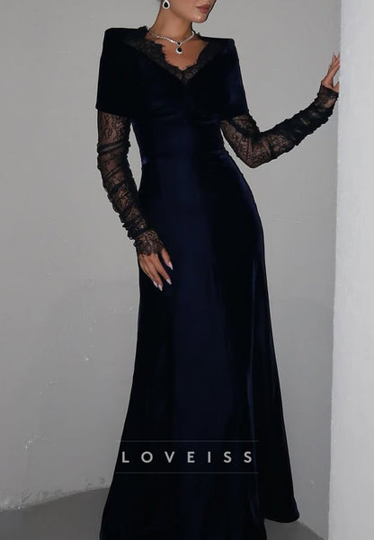 V-Neck Long Sleeves Appliques Sheath Evening Dress