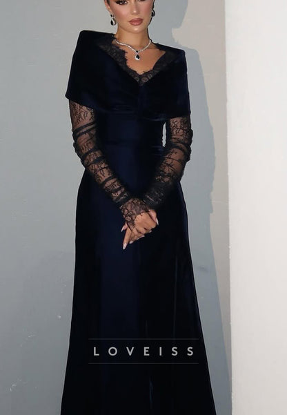 V-Neck Long Sleeves Appliques Sheath Evening Dress