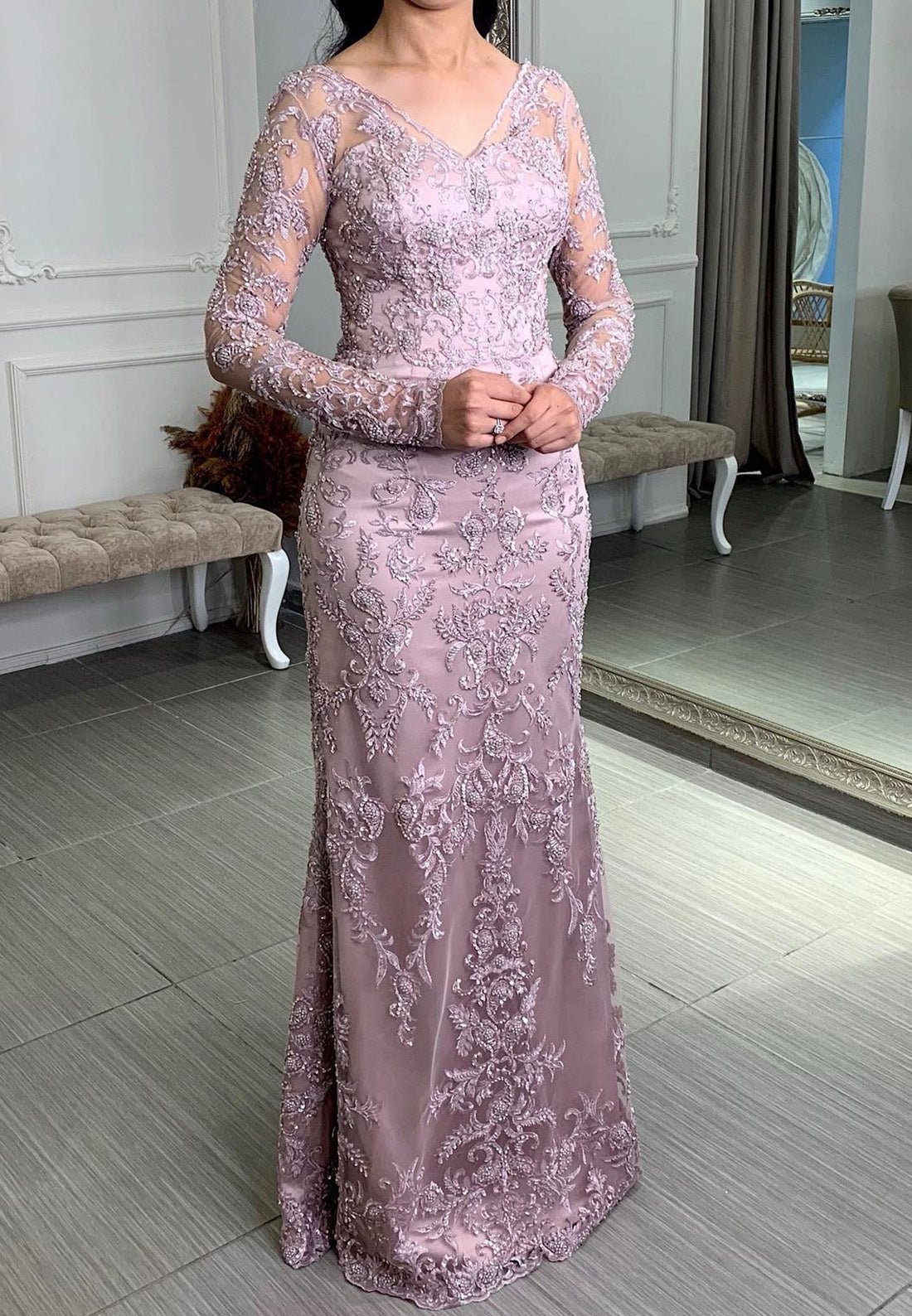V-Neck Long Sleeves Appliques Sheath Mother of Bride Dress