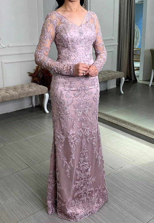 V-Neck Long Sleeves Appliques Sheath Mother of Bride Dress