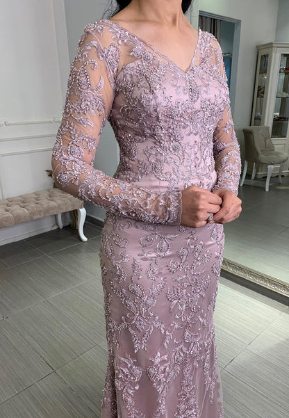 V-Neck Long Sleeves Appliques Sheath Mother of Bride Dress