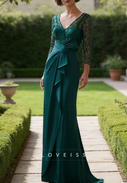 V-Neck Long Sleeves Appliques Sheath Mother of Bride Dress