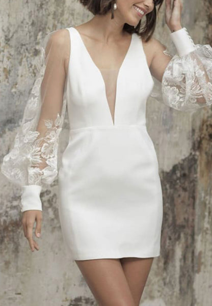 V-Neck Long Sleeves Appliques Sheath Short Wedding Dress