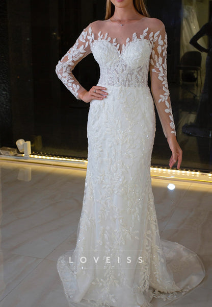 V-Neck Long Sleeves Appliques Sheath Sparkly Wedding Dress