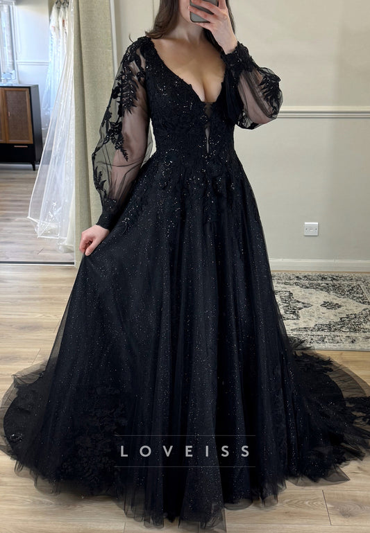 V-Neck Long Sleeves Appliques Sparkly A-Line Black Wedding Dress