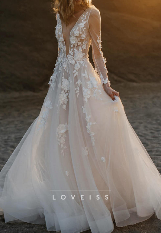 V-Neck Long Sleeves Appliques Tulle A-Line Wedding Dress