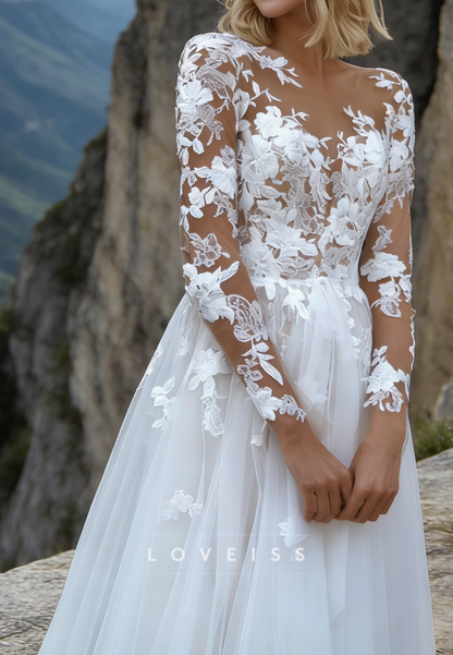 V-Neck Long Sleeves Appliques Tulle A-Line Wedding Dress