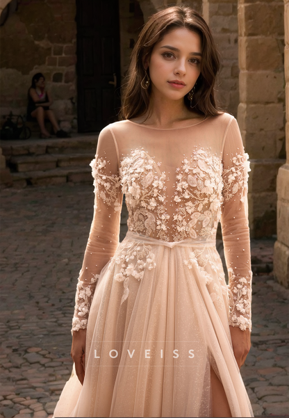 V-Neck Long Sleeves Appliques Tulle A-Line Wedding Dress