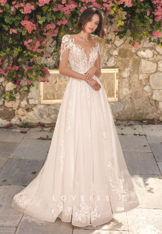 V-Neck Long Sleeves Appliques Tulle A-Line Wedding Dress