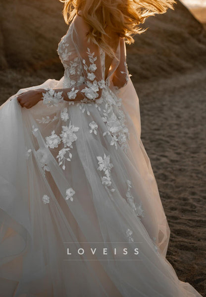 V-Neck Long Sleeves Appliques Tulle A-Line Wedding Dress