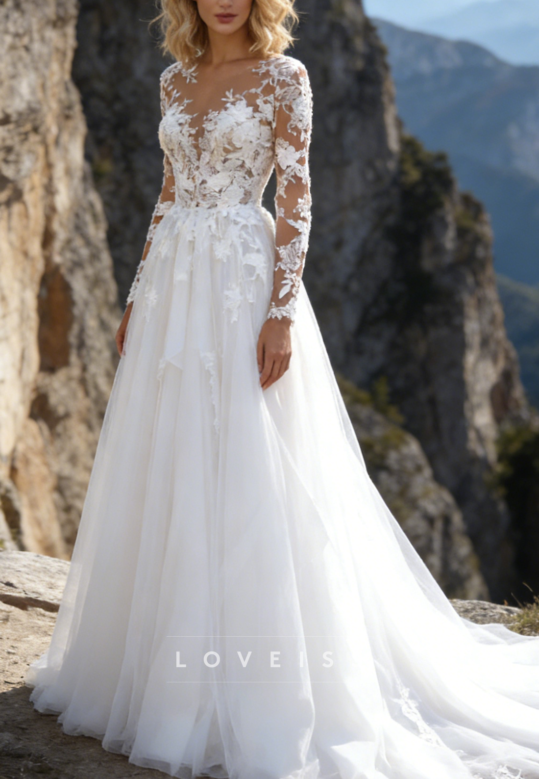 V-Neck Long Sleeves Appliques Tulle A-Line Wedding Dress