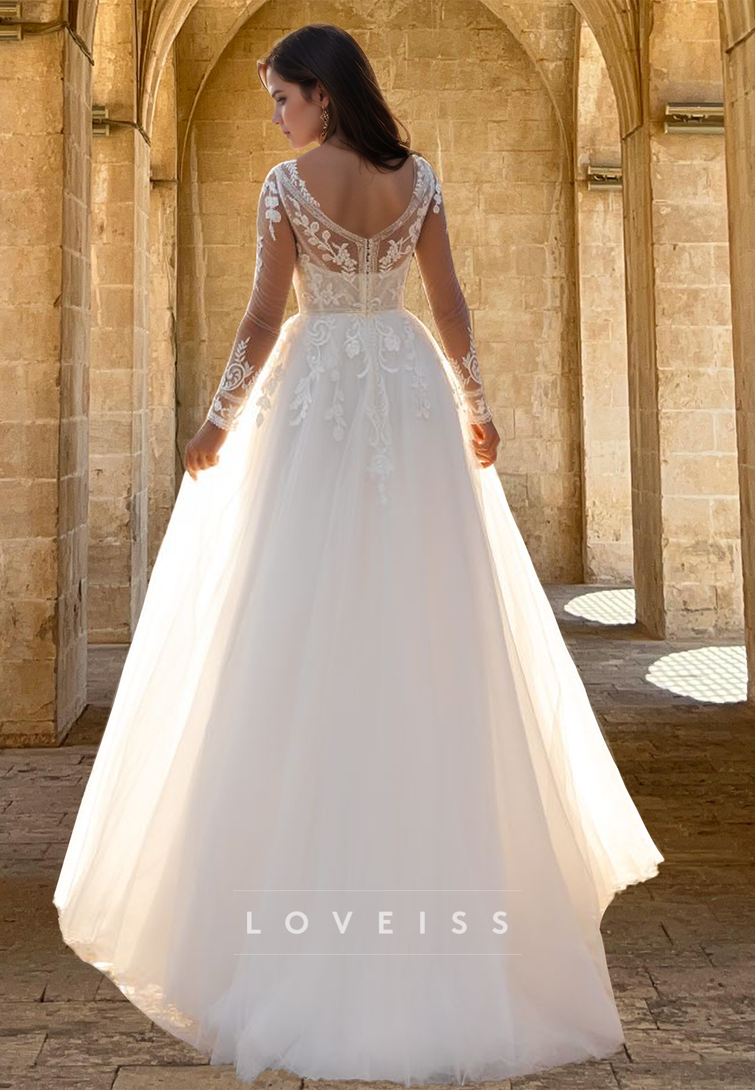 V-Neck Long Sleeves Appliques Tulle A-Line Wedding Dress