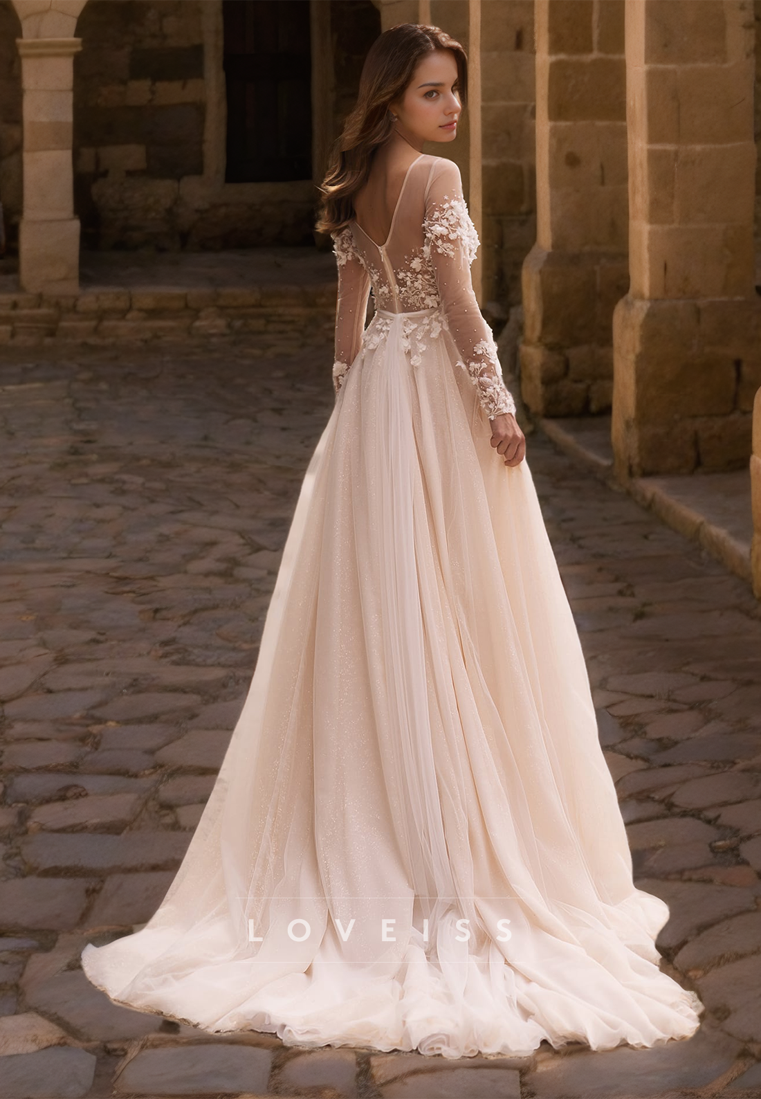 V-Neck Long Sleeves Appliques Tulle A-Line Wedding Dress