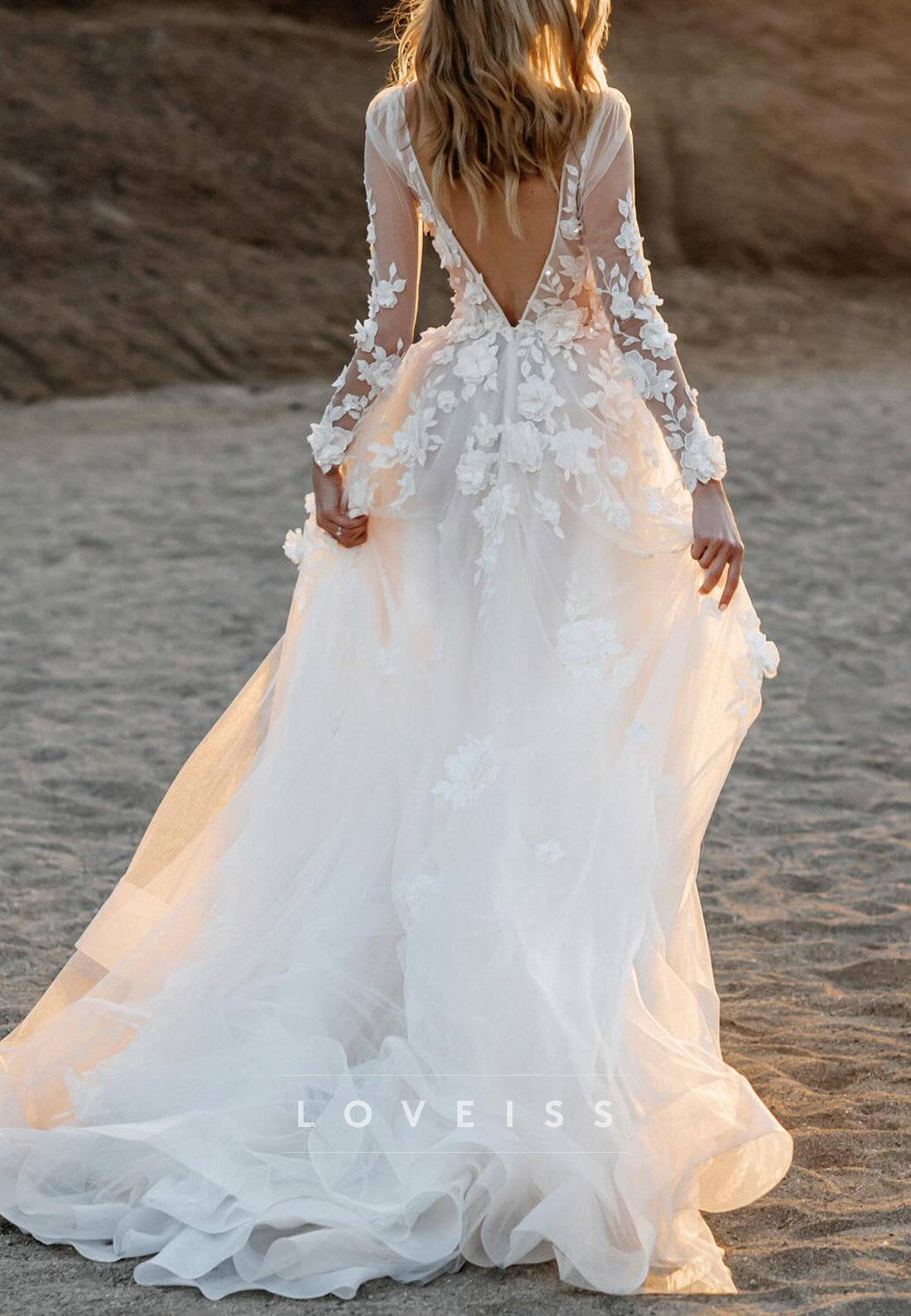 V-Neck Long Sleeves Appliques Tulle A-Line Wedding Dress