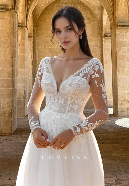 V-Neck Long Sleeves Appliques Tulle A-Line Wedding Dress