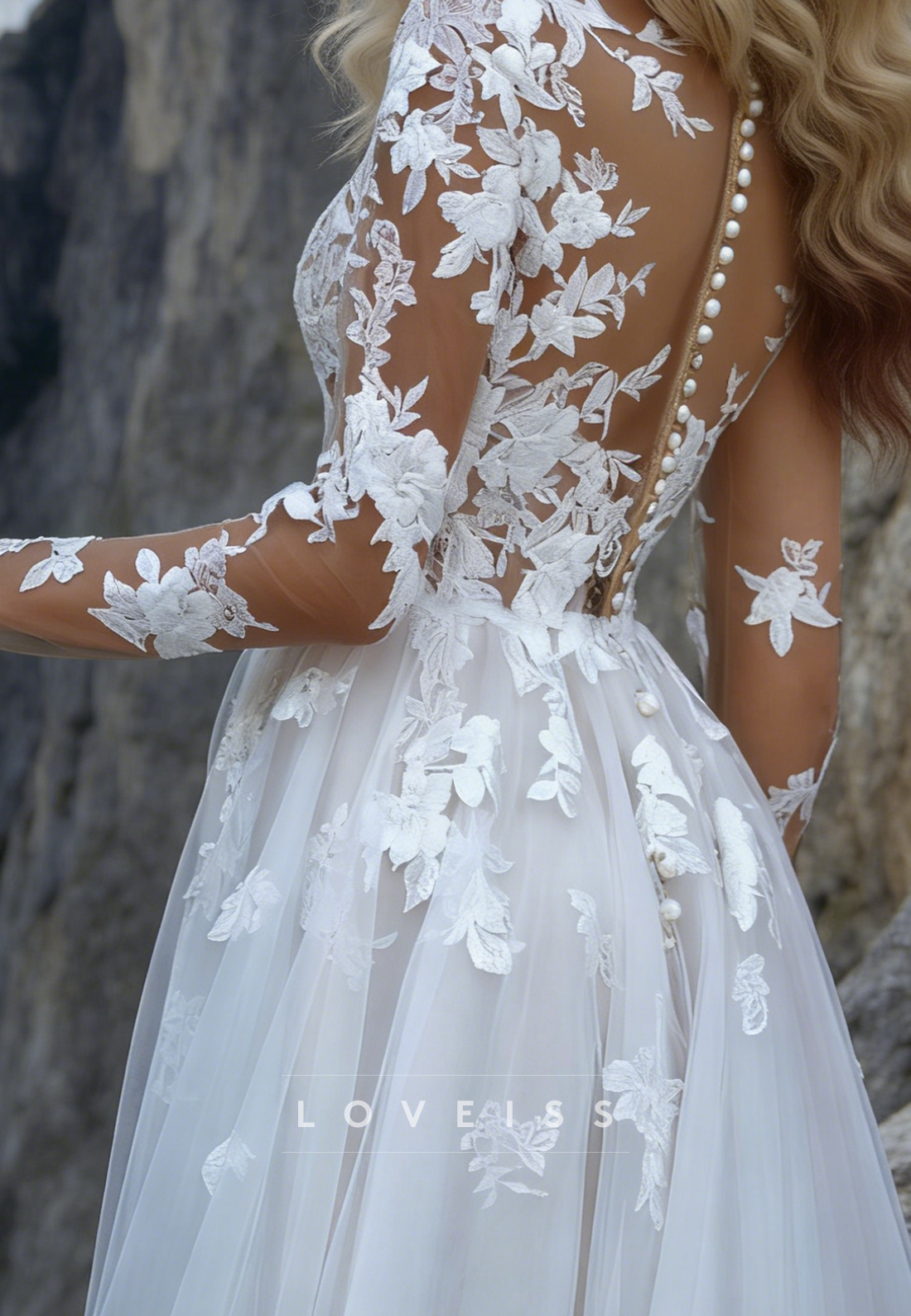 V-Neck Long Sleeves Appliques Tulle A-Line Wedding Dress