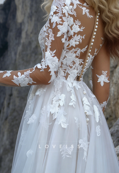 V-Neck Long Sleeves Appliques Tulle A-Line Wedding Dress