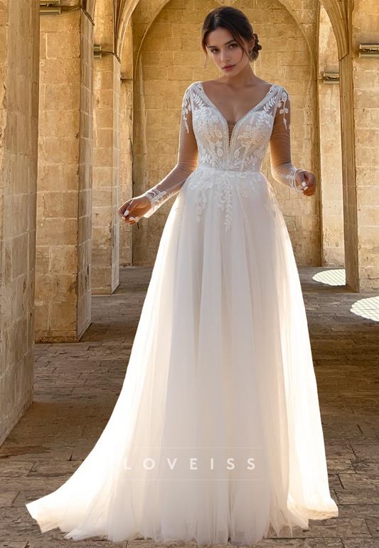 V-Neck Long Sleeves Appliques Tulle A-Line Wedding Dress