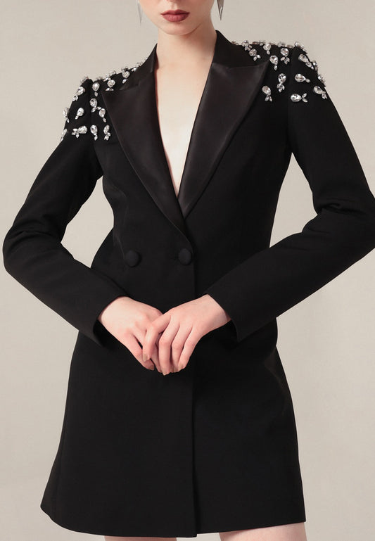 V-Neck Long Sleeves Beaded A-Line Midi Blazer Dress
