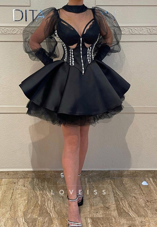 V-Neck Long Sleeves Beaded A-Line Party Homecoming Dress