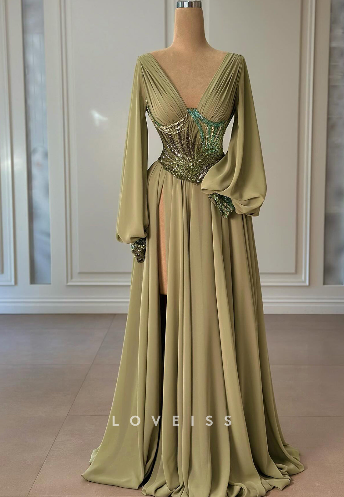 V-Neck Long Sleeves Beaded A-Line Pleated A-Line Evening Dress