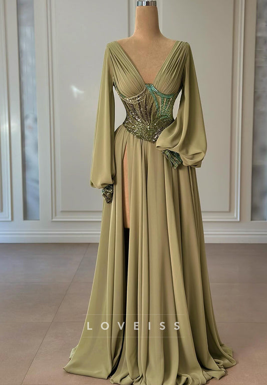 V-Neck Long Sleeves Beaded A-Line Pleated A-Line Evening Dress
