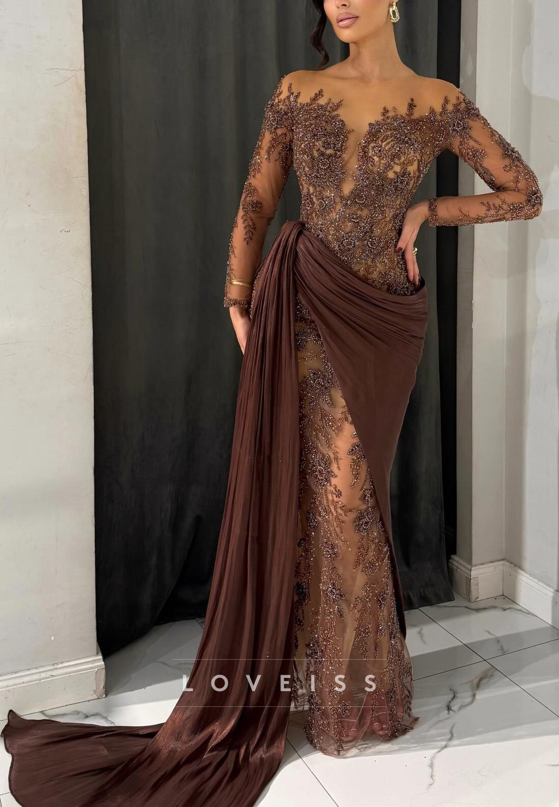 V-Neck Long Sleeves Beaded Appliques Mermaid Evening Dress