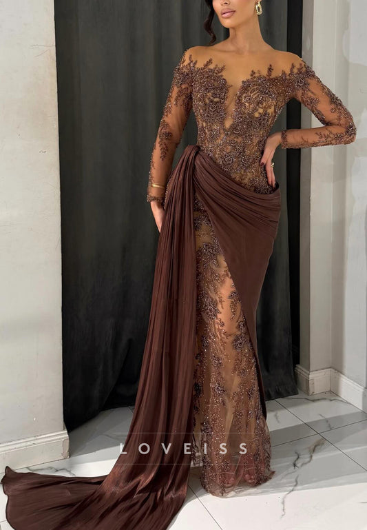V-Neck Long Sleeves Beaded Appliques Mermaid Evening Dress