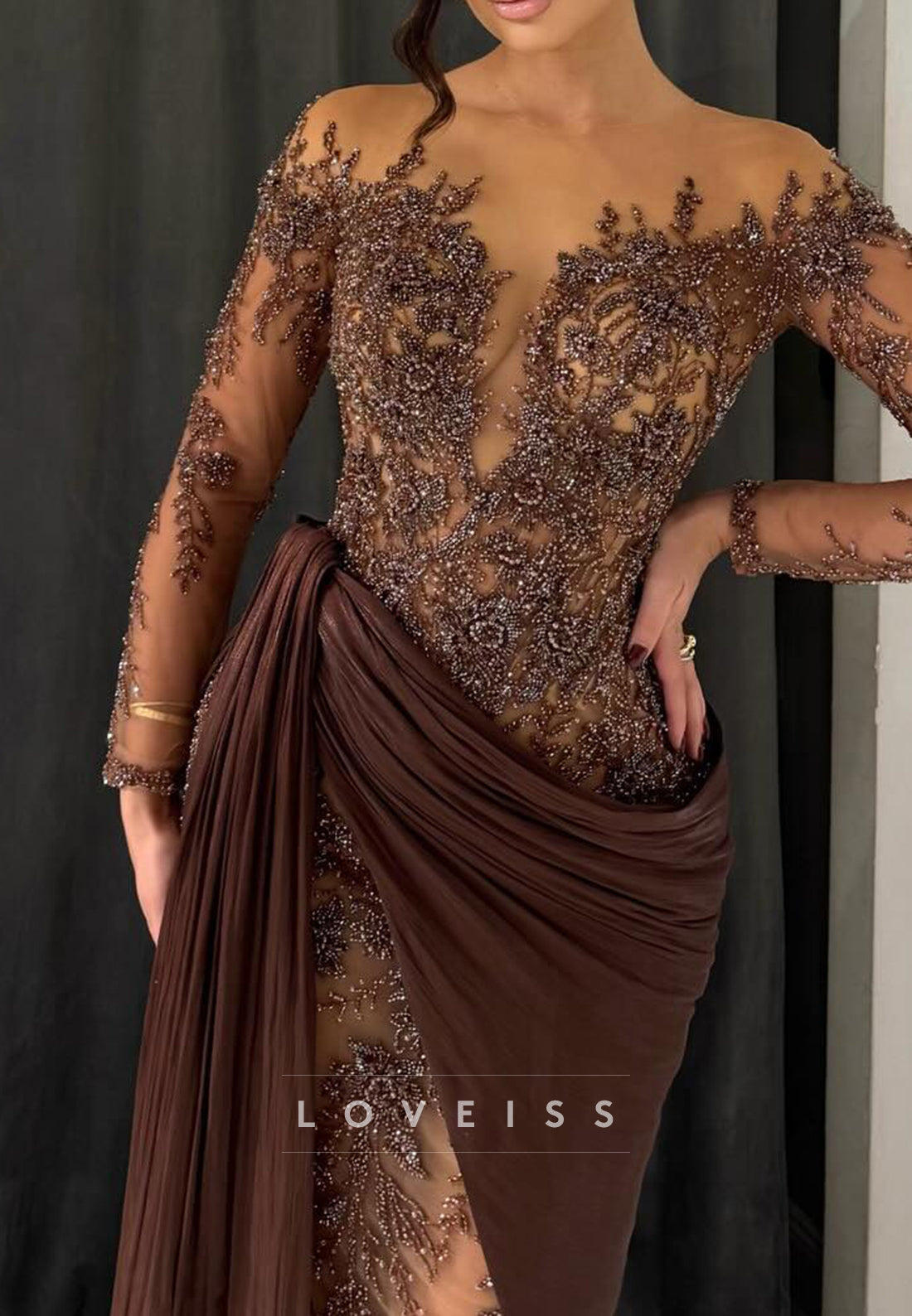 V-Neck Long Sleeves Beaded Appliques Mermaid Evening Dress