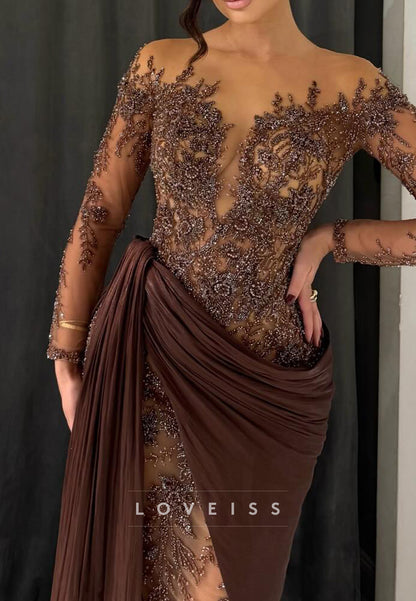V-Neck Long Sleeves Beaded Appliques Mermaid Evening Dress