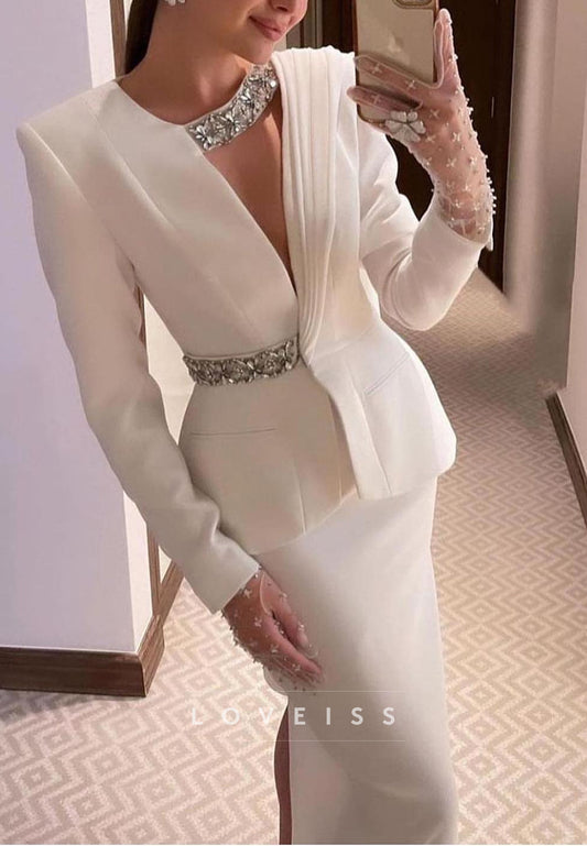 V-Neck Long Sleeves Beaded Blazer Mermaid Wedding Dress